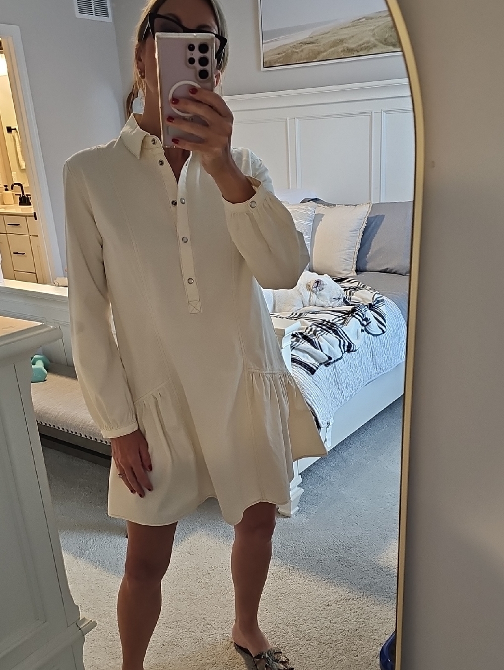 Veronica Beard Cream Chaia Button-Front Long-Sleeve Dress, 6